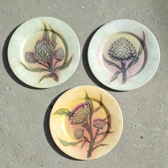 3 meticulously Hand Painted Enamel & Signed Metal Artichoke Collector Display Pl - Picture 1 of 12